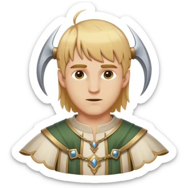 "Medieval summer outfit worn by a DnD themed fantasy male character. Character has golden blonde hair cut in a traditional page style, falling evenly just below the ears with a straight fringe across the forehead. sticker