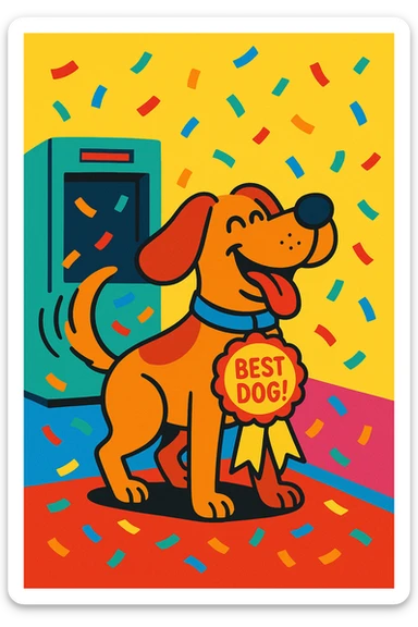 final scene with confetti and a badge that says 'Best Dog!', dog wagging tail, scanner in background, playful and colorful style sticker