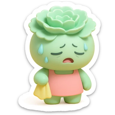 light green carnation flower with a messy apron and exhausted face, sweat dripping, holding a cleaning rag, super round chibi style, vinyl figure style sticker