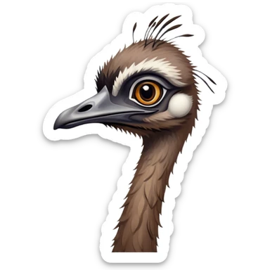 Cinematic Noble Emu Portrait Emoji, Poised and regal, with a tall, slender build and a shaggy, well-groomed fur of earthy brown feathers, a long elegant neck and deep-set soulful eyes, Simplified yet sharp and sophisticated features, highly detailed, glowing with a soft, dignified glow, high shine, intelligent and stately, stylized with an air of outback majesty, focused and attentive, soft glowing outline, capturing the essence of a watchful and confident bird, so majestic it feels as though it could stride out of the screen with effortless authority! sticker