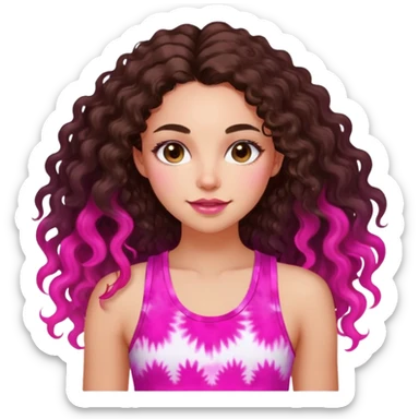 Young adult woman with luminous fair skin, long dark brown curly hair, large almond dark brown eyes, thick lips, wearing bright pink tie-dye tank top, warm friendly expression sticker