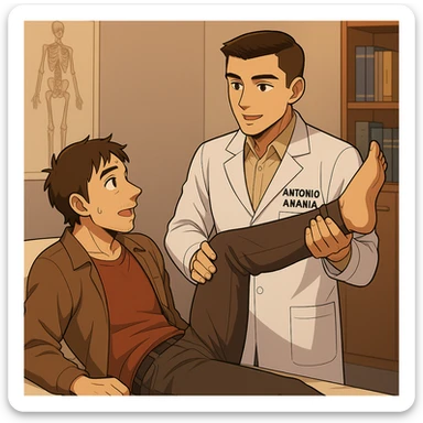 fai un webtoon manga a colori con questo stile, in cui un uomo è steso sul lettino medico e il kinesiologo con il camice bianco (fagli anche la scritta "ANTONIO ANANIA" SUL CAMICE, gli solleva una gamba per fargli il test neuromuscolare, IL KINESIOLOGO SPIEGA ALL'UOMO UNA cosa mentre gli alza la gamba. non fare i fumetti però, fai solo in modo che sembri stiano parlando sticker