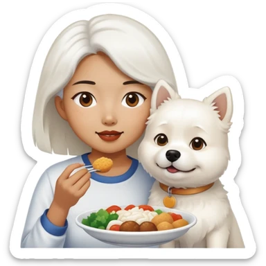 Asian woman sharing food with fluffy white dog sticker