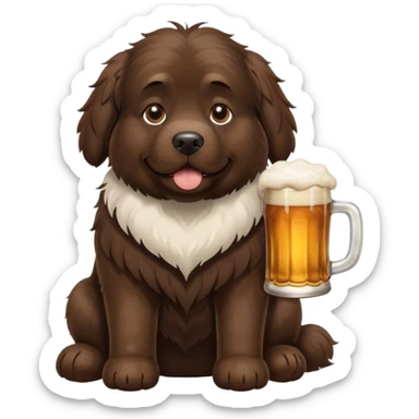 A Newfoundland with white spot on chest and a beer sticker