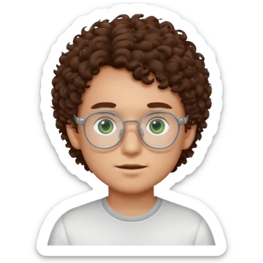 Boy with brown curly hair and dark green eyes in white glasses sticker