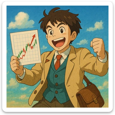 a trader character, anime style, energetic pose, holding a stock chart sticker