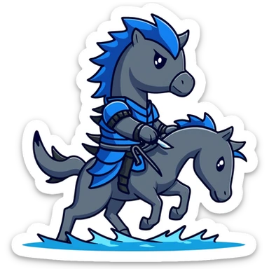 Black ninja water horse with dark blue water elements flowing around it, spiky armor, fierce expression sticker