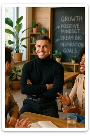 A confident man sitting in a cozy, modern coworking space, surrounded by positive, driven people engaged in creative conversation. He listens, learns, and occasionally smiles, visibly elevated by their presence. Behind him, a chalkboard or whiteboard with empowering words and ideas. The environment is filled with natural light, plants, and soft wooden textures. The atmosphere suggests emotional growth, support, and personal development. sticker