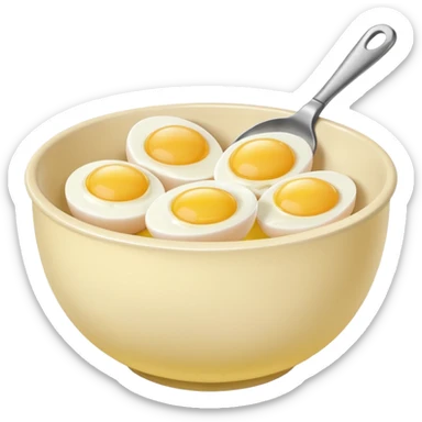 mixing bowl with uncracked eggs and butter sticker