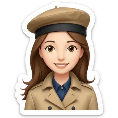 young fashionable woman, long straight brown hair, wearing a trench coat and beret, smiling sticker