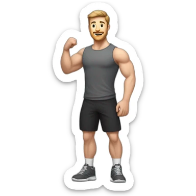 Full height Actively gesturing with hands Pale skinned Fit Man With the biceps and brown hair in dark gray Sleeveless Mike, black oversize sports shorts, watch and white Sneakers sticker