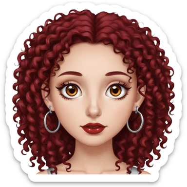 olhos castanhos, cabelo vermelho bem escuro cacheado e longo, piercing no nariz, delineado nos olhos e argolas prata sticker