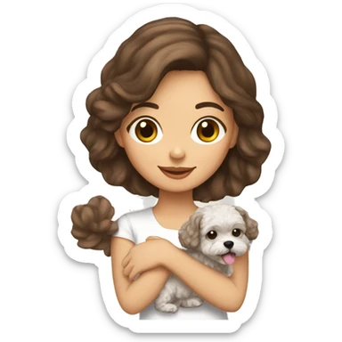 brunette girl holding her maltipoo dog sticker