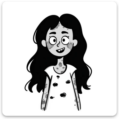 girl zombie with black long hair with teeth and serious face sticker