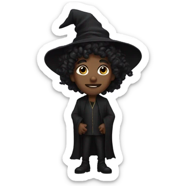 A modern witch, A black male with pointed ears with long black curly hair sticker