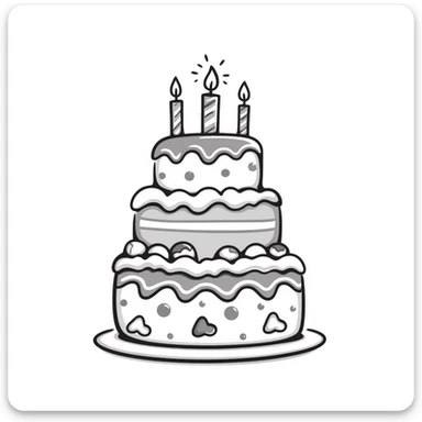 A decorated birthday cake with layers and frosting in pastel colors (dd9fb0, ffc6d3, a3bfc9, c4bee2, f1b091), hand-drawn doodle style sticker