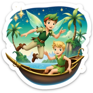 An icon representing an adventure game, inspired by whimsical fantasy. The design features Peter Pan soaring through the sky with Tinker Bell beside him, leaving a shimmering trail of pixie dust. Below, Neverland’s lush jungles and pirate ships create a backdrop of magic, adventure, and endless youth. Transparent background. sticker