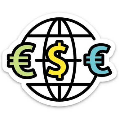 Globe with dollar, euro, and yen currency symbols representing global economy and international trade sticker