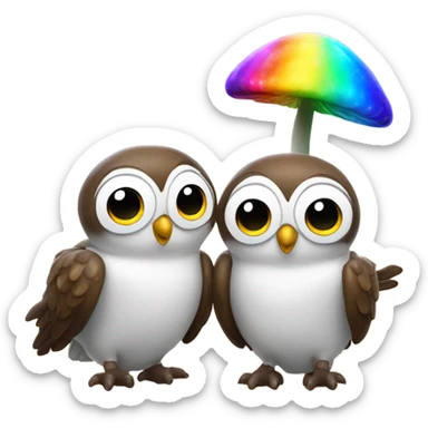 Two owls excited about rainbow mushrooms  sticker
