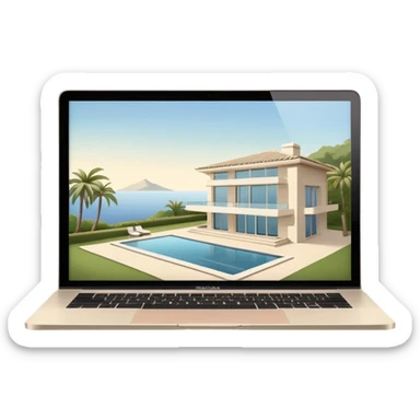 
light beige open macbook sideways with luxury villa on screensaver sticker