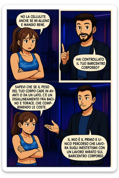 PRENDI SPUNTO DA QUESTO STILE FACENDO UN WEBTOON/MANGA:

LEI (DONNA): Ho la cellulite anche se mi alleno e mangio bene, cosa posso fare?

LUI (UOMO): Hai controllato il tuo baricentro corporeo?
LUI (UOMO): Sapevi che se il peso del tuo corpo cade in avanti o da un lato, c’è un disallineamento fra bacino e torace, che comprimendo le coste, limita la motilità del diaframma e l’ossigenazione dei tessuti?
LUI (UOMO): Il mio è il primo e unico percorso che lavora sugli inestetismi con un lavoro mirato sul baricentro corporeo. sticker