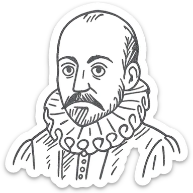 a hand drawn black outline portrait of philosopher Montaigne with similar-sized eyes based a famous portrait of him sticker