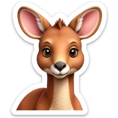 Cinematic Cute Adult Red Kangaroo Portrait Emoji, Head tilted playfully and inquisitively, showcasing a charming, robust build with soft reddish fur and a uniquely camel-like head featuring a gentle, elongated snout and rounded ears, with large, sparkling eyes full of wonder, Simplified yet irresistibly adorable features, highly detailed, glowing with a warm, friendly glow, high shine, affectionate and lively, stylized with a touch of outback whimsy, soft glowing outline, capturing the essence of a mischievous yet loving kangaroo that seems as if it could hop out of the screen into your arms! sticker