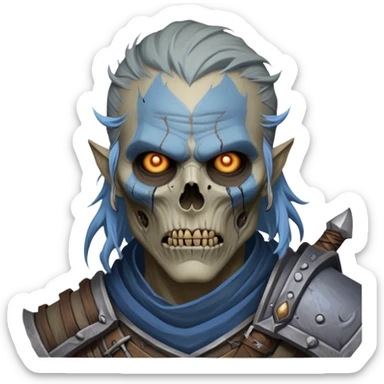 Cinematic Realistic WoW Undead Warrior Portrait, depicted with decayed yet noble features, his weathered, pallid skin etched with ghostly blue veins and ancient scars. Clad in modest, tattered attire in muted browns and greys that remain consistently rugged, his hollow eyes burn with determined defiance. Rendered with lifelike texture and dramatic natural lighting, high shine, noble and resilient, capturing the stoic spirit of an undead veteran of Azeroth. sticker