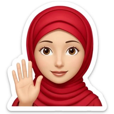 The character gently waves her hand in a slow friendly motion, warm welcoming smile, soft sparkle animation around her, red hijab accents flowing slightly, calm and kind expression, text below in rounded 3D font: “Assalamu alaykum”
🎞 Animation idea: hand wave + eye blink sticker
