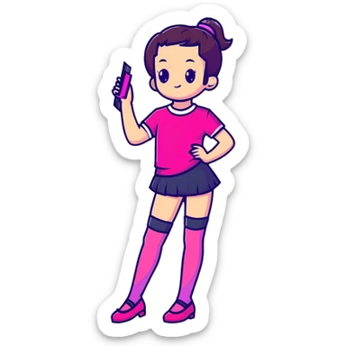 Cute girl character in stockings adjusting fashion accessory, bright pink gradient, transparent glass style with highlights sticker