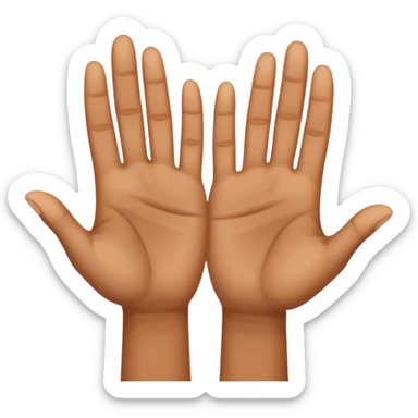 Two upward facing hands one a Little higher than the other. Over the one on the left there is a 6 and over the one on the right there is a 7   sticker