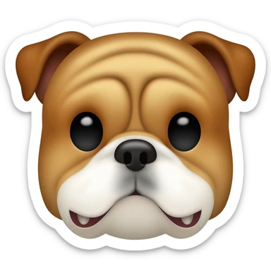 Cute emoji-style English Bulldog with a large wrinkled head, very short flat muzzle, visible underbite with small teeth, small folded ears, and round dark eyes. Short taupe/light brown fur, white chest and lower face sticker