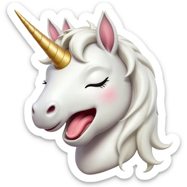 Cinematic Cute Yawning White Unicorn Portrait Emoji, Head tilted slightly with a dramatic, wide-open yawn, showcasing a softly elegant form with a gently cascading mane, a subtly glowing horn and sleepy, half-closed eyes, Simplified yet irresistibly adorable features, highly detailed, glowing with a soft, cozy magical glow, high shine, relaxed yet expressive, stylized with a dash of whimsical enchantment, soft glowing outline, capturing the essence of a drowsy yet affectionate white unicorn that appears ready to stretch and yawn its way out of the screen! sticker