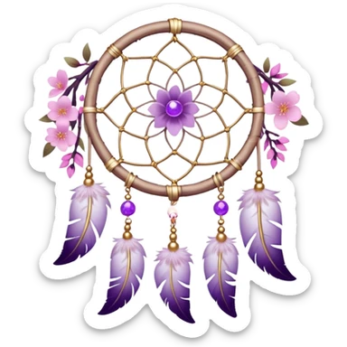 A white Dreamcatcher with purple-round-orb-stones, gold-ring-accents, purple tint flowers, pink sakura flowers, sticker