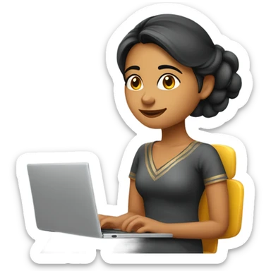 sweet indian girl who is in her 30s and approachable and happy sitting on a comfy chair working on a laptop sticker