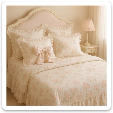 a soft pastel bed with floral patterns, bows, and a feminine coquette vibe, elegant and cozy sticker