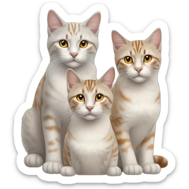 three cats sitting together, 1 lynx point with blue eyes, 1 orange and white tabby with yellow eyes, 1 all orange with orange eyes sticker