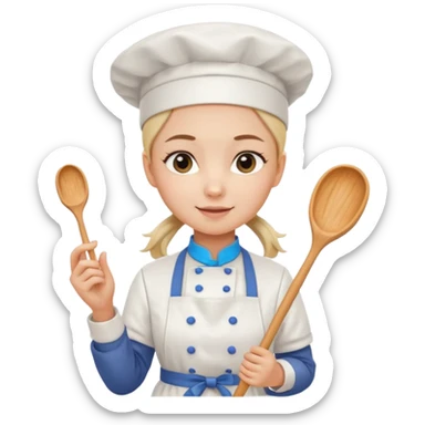 Young female pastry chef - single ponytail, apron, wearing a white hat, holding a piping bag sticker