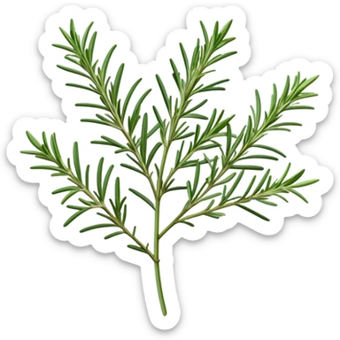 Cinematic Realistic Rosemary Emoji, Fragrant and fresh, with slender green stems covered in needle-like leaves, which release a distinctive herbal scent. The plant seems to exude energy, with soft sprigs of leaves stretching upwards. Soft glowing outline, capturing the essence of earthy healing and aromatic delight in a sprig of rosemary! sticker