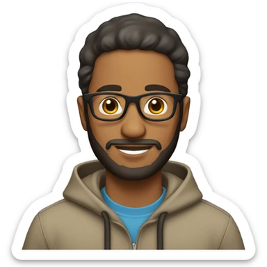 brown man with glasses, cap and hoodie with a beard sticker