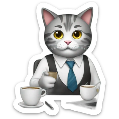 Business cat, wearing a shirt and tie, working at his desk with a cup of coffee, the cat looks stressed sticker