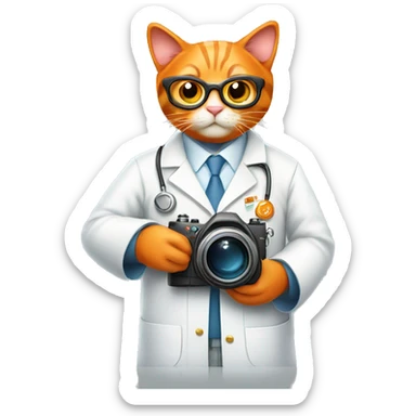 Orange Cat Scientist taking a photo with a big camera while wearing a lab coat sticker