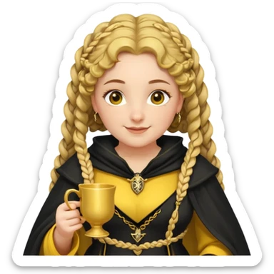 Helga Hufflepuff, 2 curly thick brown braids, yellow-black medieval dress, black cloak decorated with gold braiding, tiny two-handled shiny yellow-gold cup, very kind smile, curvy busty sweet woman, thick rosy cheeks sticker