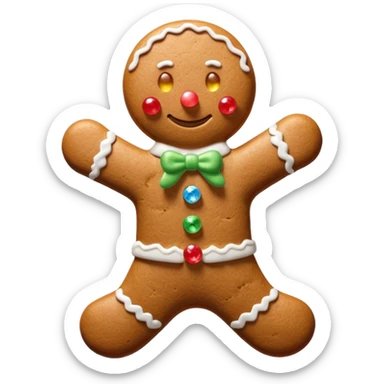 3D render of Gingerbread Man, made entirely of dessert materials, glistening sugar crystal texture, baked brown cookie texture with white icing details, delicious confectionery aesthetic, Apple emoji style, isolated on white background --v 6.0. sticker