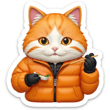 cat wearing a puffy jacket and eating sushi sticker
