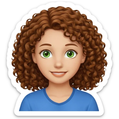 girl with brown hair, green eyes with a blue shirt no background ,young with curly hair smileing long hair not so curly and brown sticker
