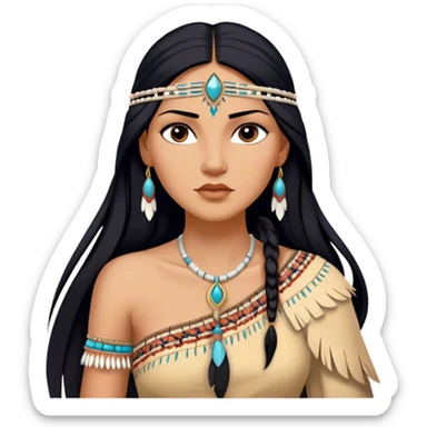 Cinematic Realistic Pocahontas Portrait, depicted with lifelike skin texture, soft natural lighting, and intricately detailed long, flowing raven-black hair that moves gracefully in the wind. Her deep, soulful dark brown eyes exude wisdom and strength, complemented by a serene yet powerful expression. She is dressed in her classic one-shoulder native american dress, with rich fabric textures and delicate beaded details that catch the light beautifully. The portrait features a soft, sun-kissed glow with a natural, radiant finish, capturing the essence of untamed beauty and deep connection to nature in a realistic and painterly style, evoking a sense of depth and authenticity. sticker