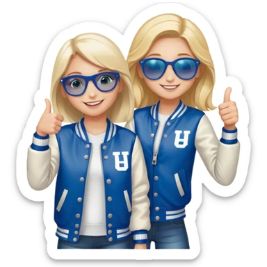 smiling girl in letterman jacket Blue eyes thumb up, Name is Tini, sunglasses in hair, two Little girls  sticker