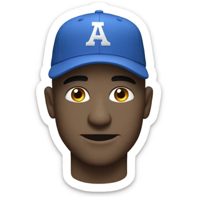 White bald man, giving an evil smirk in a plain blue baseball hat cocked up into the side sticker