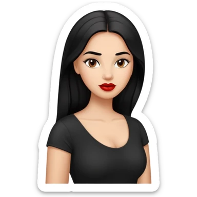 Confident curvier young woman with oval face, elegant features, medium brown skin, dark brown eyes, arched eyebrows, red lipstick, long black hair, fuller figure, wearing a black top sticker